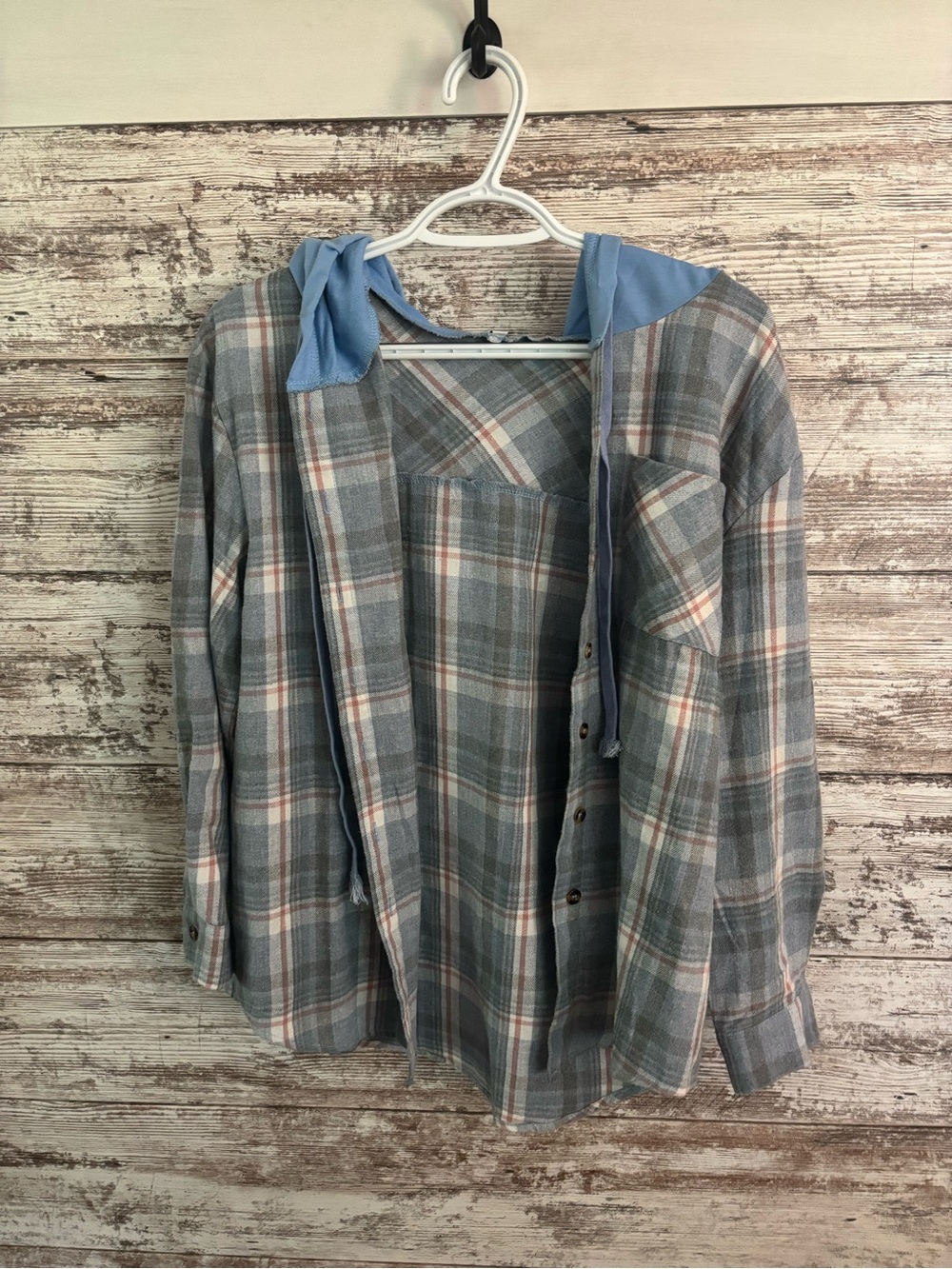 Blue Plaid Hooded Button-Up Shirt - Picture 1 of 3